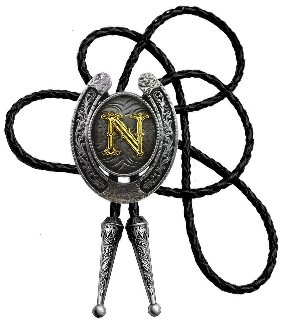 1411 Bolo Tie Golden Initial Letter A to Z In Western Cowboy Horseshoe